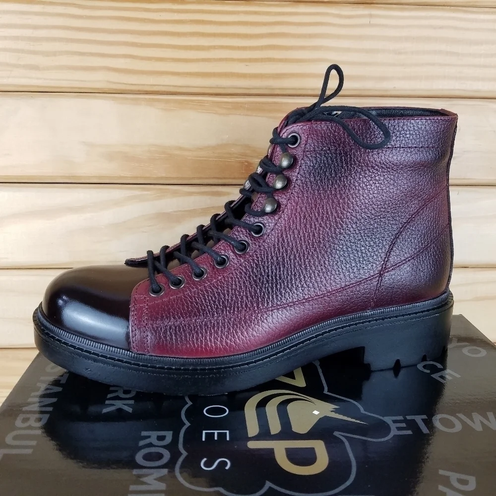 Men's 100% Genuine Leather Ankle Boots 8 US Burgundy Paul Branco Side Zip